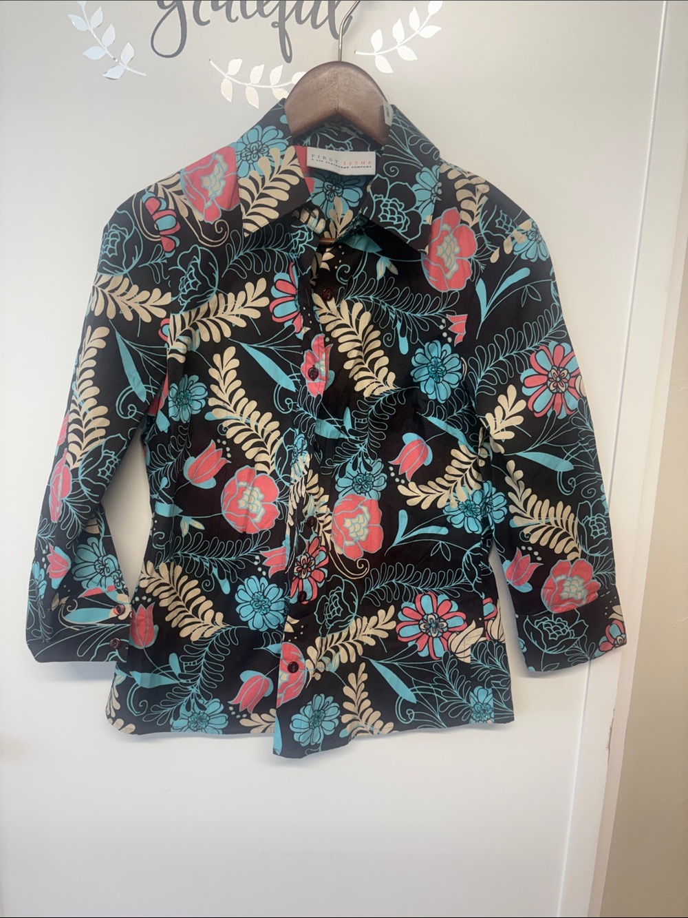 Liz Claiborne Black Button-Front Top with Teal & Coral Floral Print
